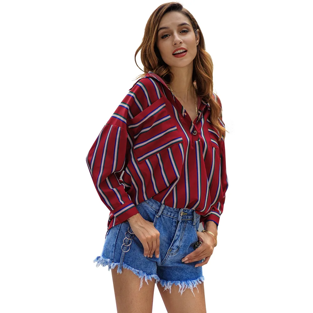 

2019 spring new lapel button women's shirt large size long sleeve striped top
