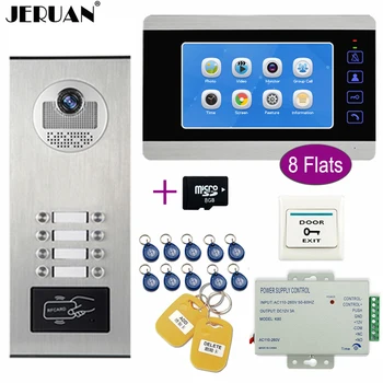 

JERUAN Apartment 7`` Video Door Phone Doorbell Video/Voice Record Intercom System Kit HD RFID Access Camera For 8 Households+8G