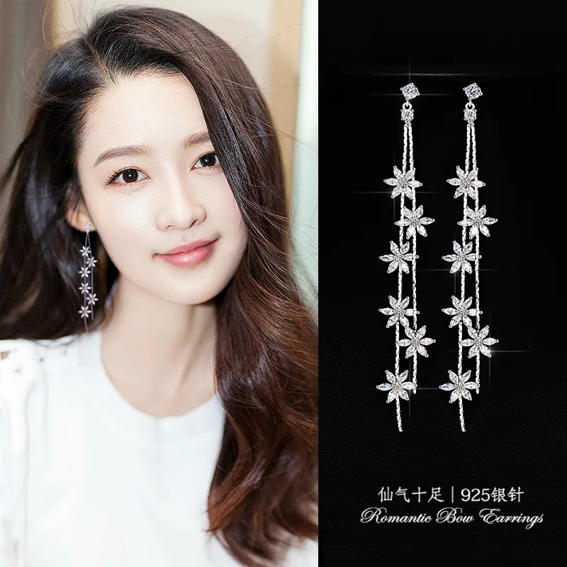 

New Design Wedding Jewelry Luxury Clear Zircon Earrings Elegant 925 Sterling Silver long flower Stud Earrings For Women