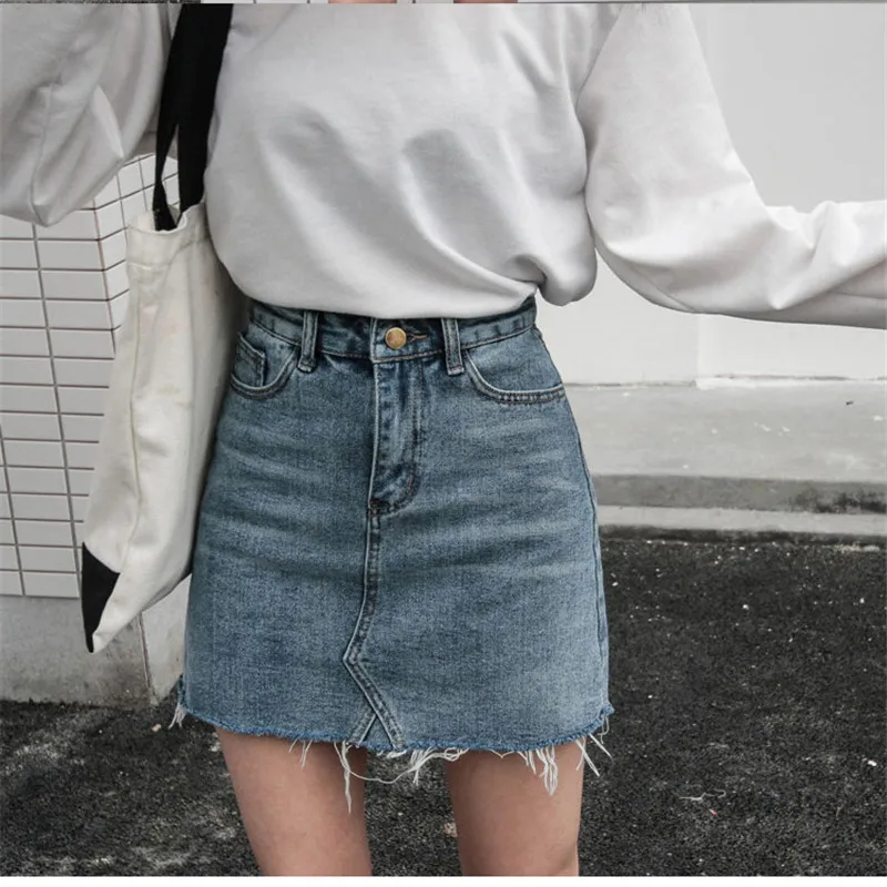 

Women Summer Black Blue Solid Casual High Waist Pencil Denim Skirts High Street Pockets Button All-matched Jeans Skirt