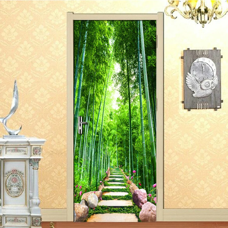

Green Bamboo Forest Road Door Sticker 3D Wallpaper PVC Self-adhesive Waterproof Mural Living Room Study Door Home Decoration 3D