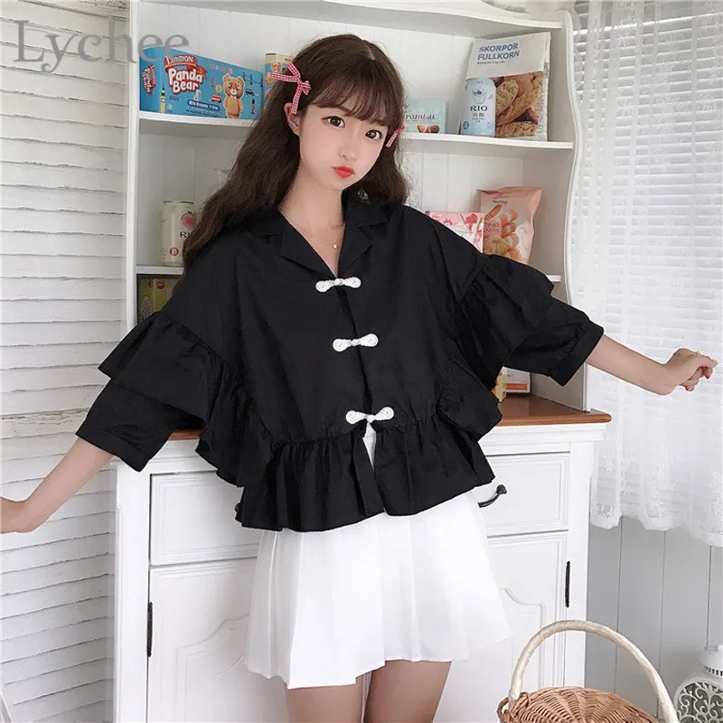 

Lychee Preppy Style Buckle Ruffles Female Blouse Shirts Short Sleeve V Neck Solid Color Summer Spring Women Blouse Shirts