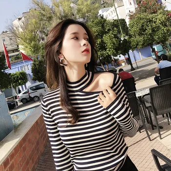 

Mishow Knitwear Female Spring 2018 casual Stripe long sleeve Shirt Office Lady Long Sleeve Early Autumn Tops MX18C5181