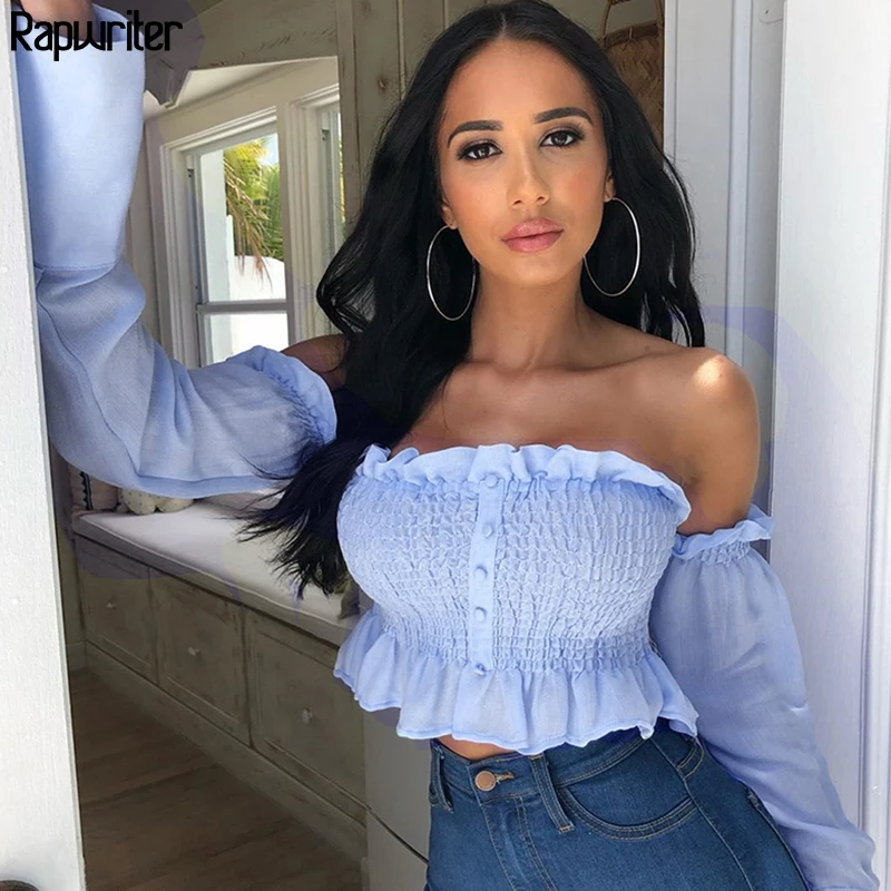 

Rapwriter Vintage Ruffles Patchwork Blue Blouses Women 2019 Summer Streetwear Solid Long Sleeve Retro Slash Neck Short Shirt Top