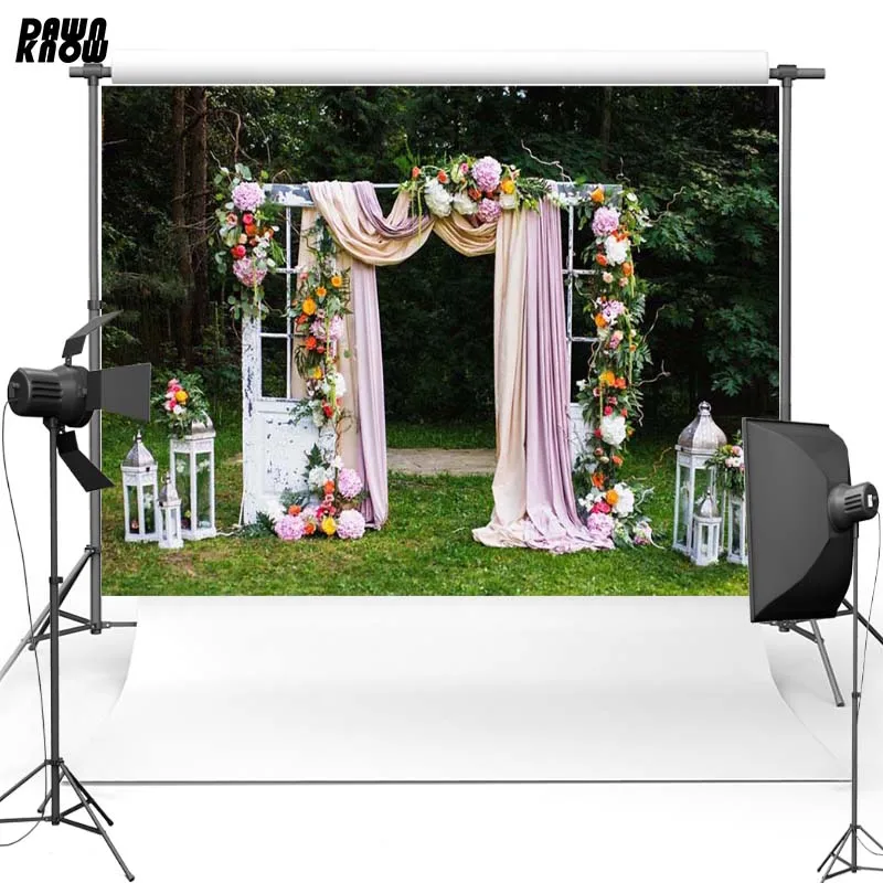 

DAWNKNOW Outside Wedding Vinyl Photography Background Flower Arch Curtain Polyester Backdrops For Wedding Photo Studio G197