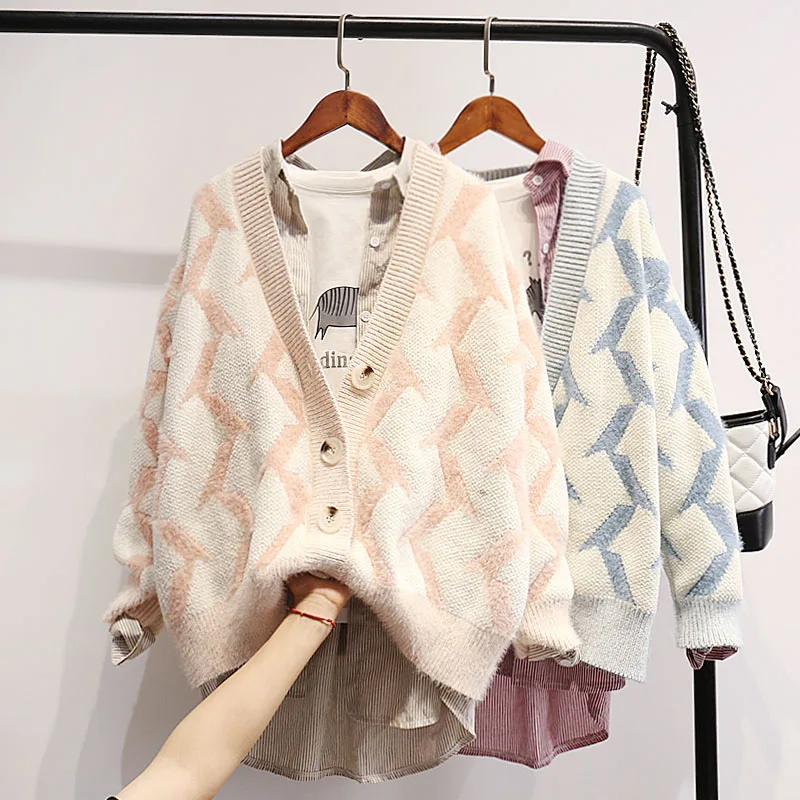 

2019 New Women's Clothing Ladies Knitted Cardigans Sweaters Women Casual Loose Open Stitch Sweater Coats Thicken Wool V-Neck