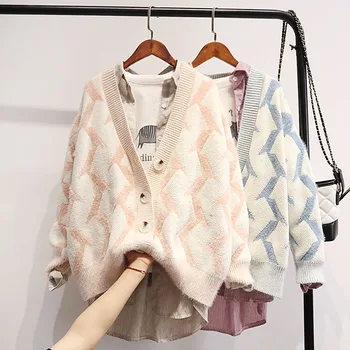 

2019 New Women's Clothing Ladies Knitted Cardigans Sweaters Women Casual Loose Open Stitch Sweater Coats Thicken Wool V-Neck