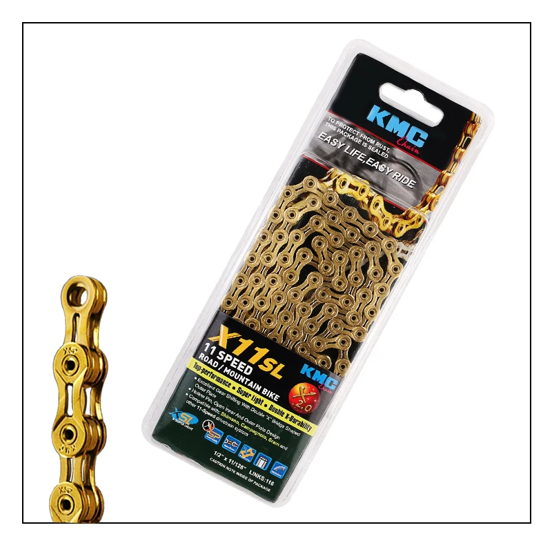 Clearance KMC X11SL gold silvery bicycle chain 11 speed 116 links quick link full hollow 242g MTB mountain bike chain road 11 variable 3