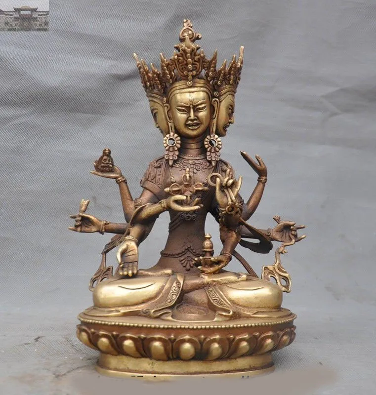 

christmas Tibet Buddhism fane Brass 3 Head 8 Arms Namgyalma & Ushnishavijaya Buddha Statue New Year
