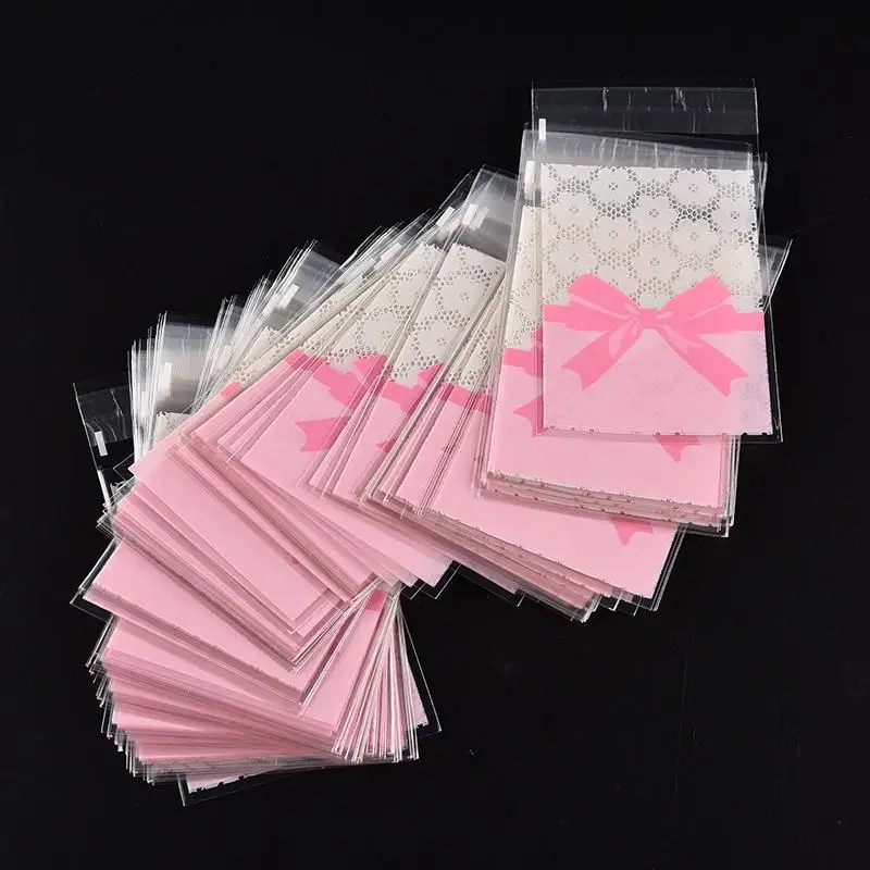 100pcs Self-adhesive Candy Bag Gift Bags Flower Lace Bow Clip Holder Bags Desk Organizer