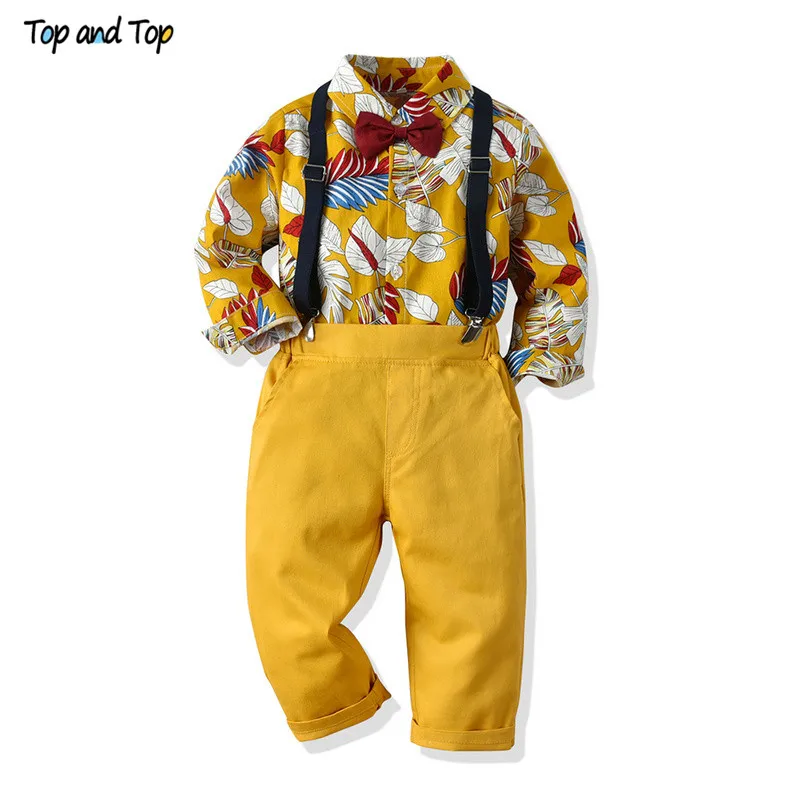 Топ и топ, комплекты одежды для мальчиков в джентльменском стиле детская повседневная одежда рубашка с длинными рукавами и принтом с галстуком-бабочкой+ штаны на подтяжках комплект из 2 предметов
