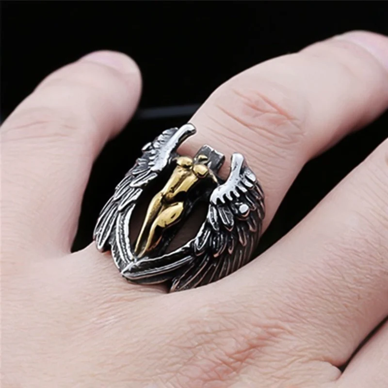 

Punk Style Retro Black Angel's Wings Cross Finger Ring For Men Male Jewelry Accessories