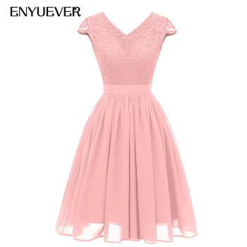 

Enyuever Chiffon Lace Dress Women Short Sleeve V Neck Retro Vestidos Vintage Robe Elegant Pink Evening Party Dress Formal Jurk