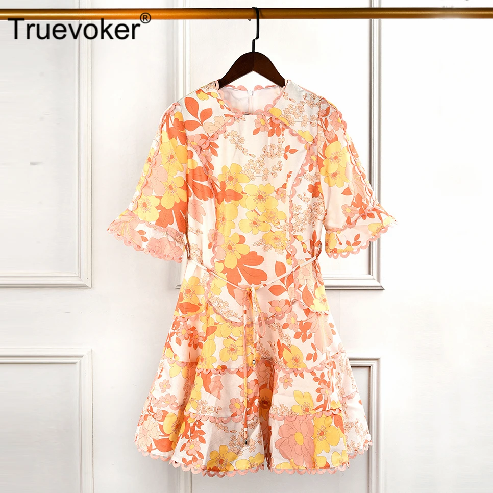 

Truevoker Designer Spring Vestidoes Women's High End Orange Floral Printed Embroidery Holiday Resort Robe Femme Ete