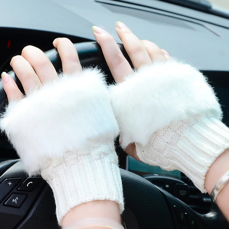 Naiveroo Women Fingerless Gloves Cute Faux Rabbit Fur Knitted Gloves