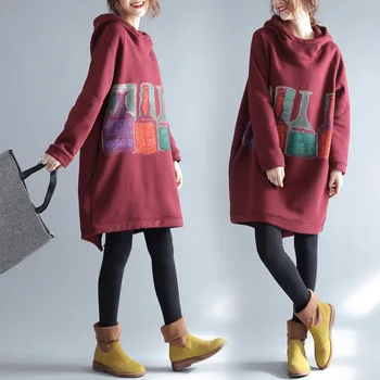 

Winter Autumn Thick Fleece Oversized Women Sweatshirt Korean Preppy Sweet Cute wine Beer bottle Printed Female Hooded Hoodie
