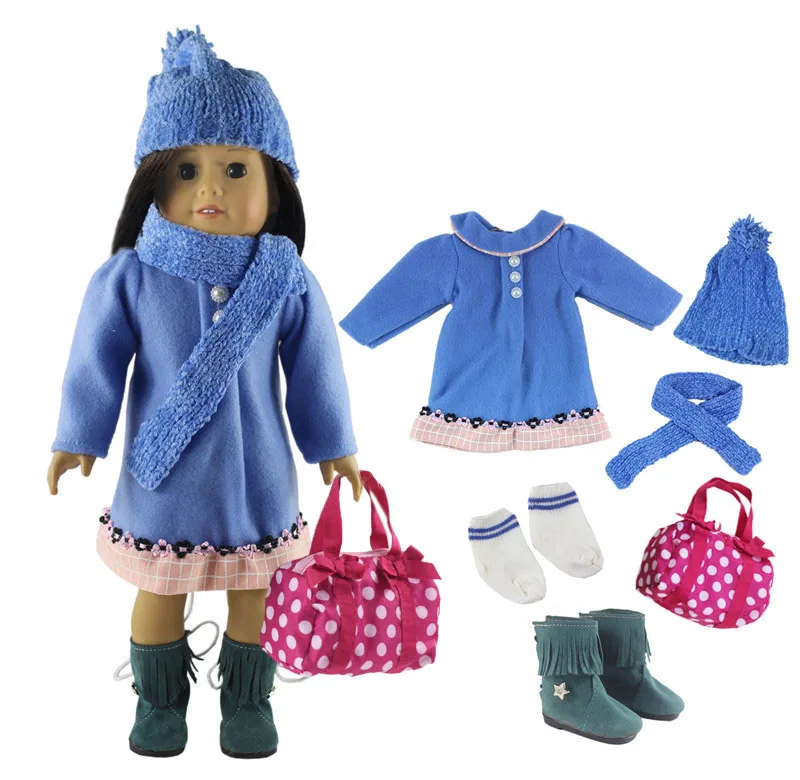 Хит, 6в1 набор одежды для куклы, синее пальто+ шапка+ шарф+ обувь+ носки+ сумка для 18 дюймов, американская кукла, одежда ручной работы, наряд