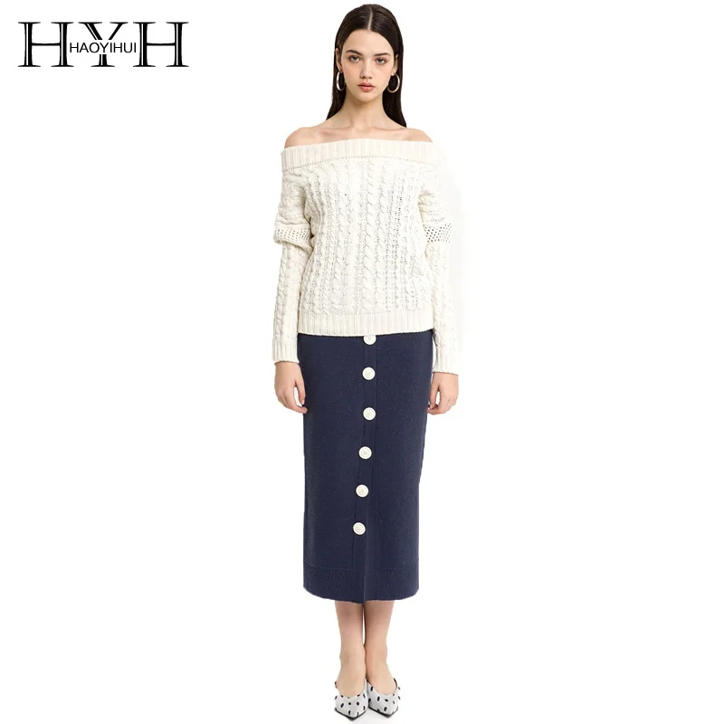 

HYH HAOYIHUI Knit Skirt Designed with Simple Temperament Button Closure in Long Half-length Pure Dark Blue Lady Office Style