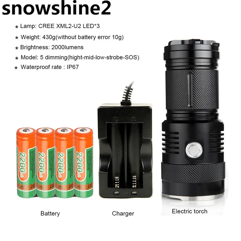 

snowshine2#4001M6 Bright 2000 Lumens Rechargeable Flashlight 300 Meters Long Lighting Using 3*2017 U2 LEDS Wick Torch Flashl dd
