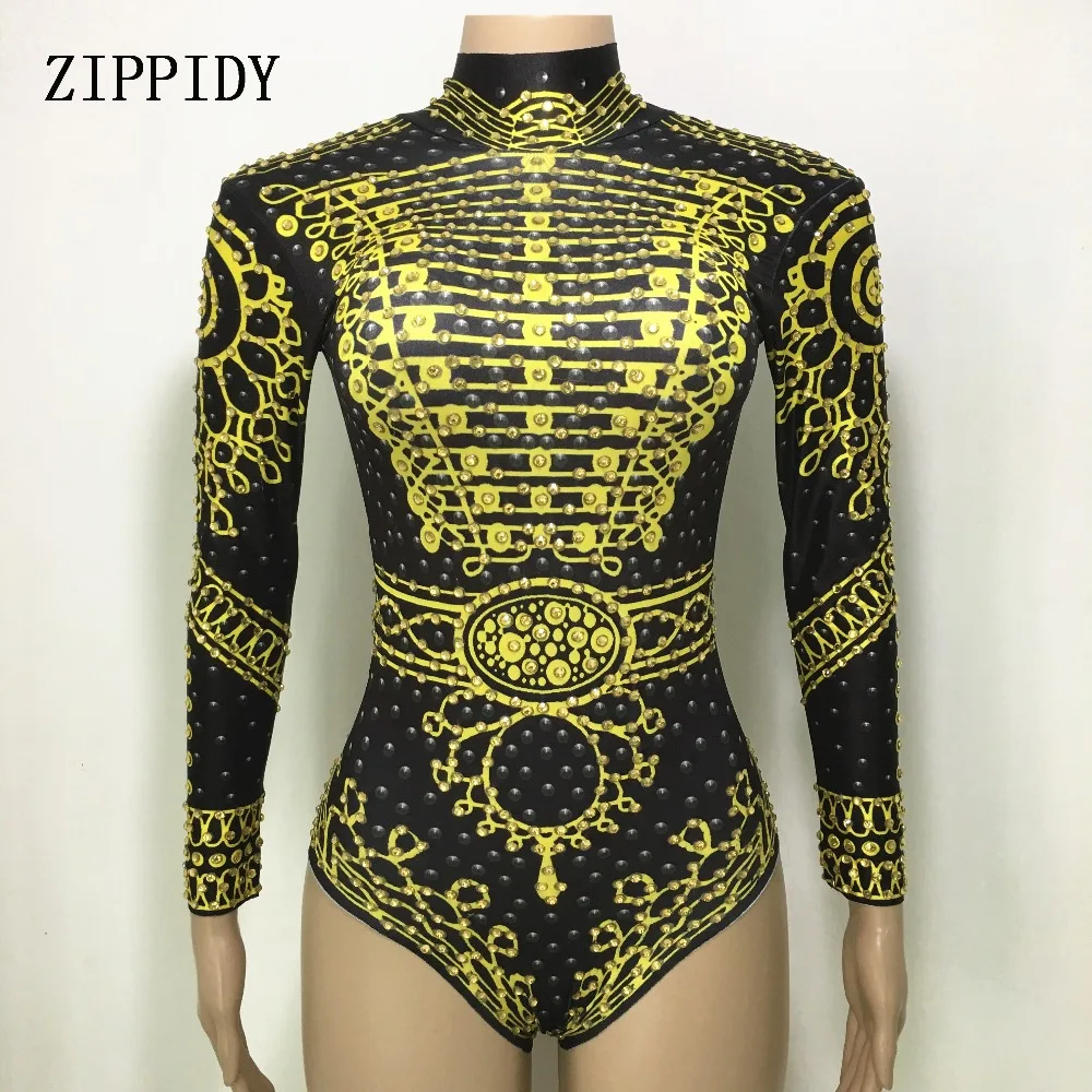 

Black Gold Rhinestones Paint Long Sleeve Sexy Stretch Leotard Singer Dance Costume Stage Women's Birthday Bodysuit
