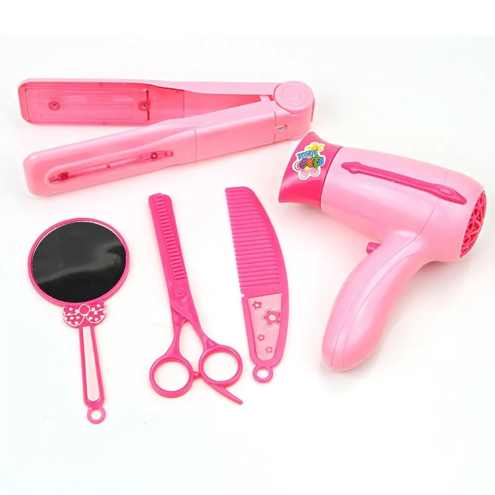 5PC Kid PlayHouse Toy Haircut Dryer Mirror Comb Scissors Hair Splint Makeup Kitin Doll Houses