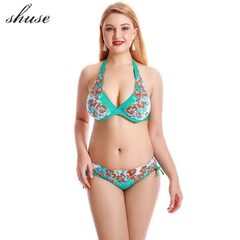 

SHUSE Plus Size 8XL Sexy Bikini Swimsuit Women's Push Up Halter Top Bikini Set Swimwear Femme Large Size Biquini Bathing Suits