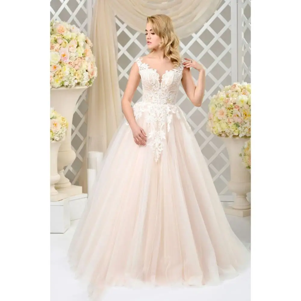 

Blush Pink Tulle Wedding Dress 2019 Elegant Appliqued Lace Sweep Train Sheer Scoop Cheap Wedding Gowns A-line Boho Bride Dresses