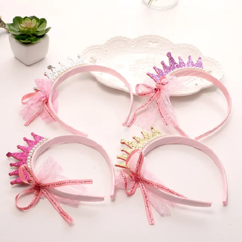 

M MISM Korean Cute Bow Pearl Crown Hair Bands For Children Kids Lace Sequin Little Princess Hair Accessories Headband Hairband