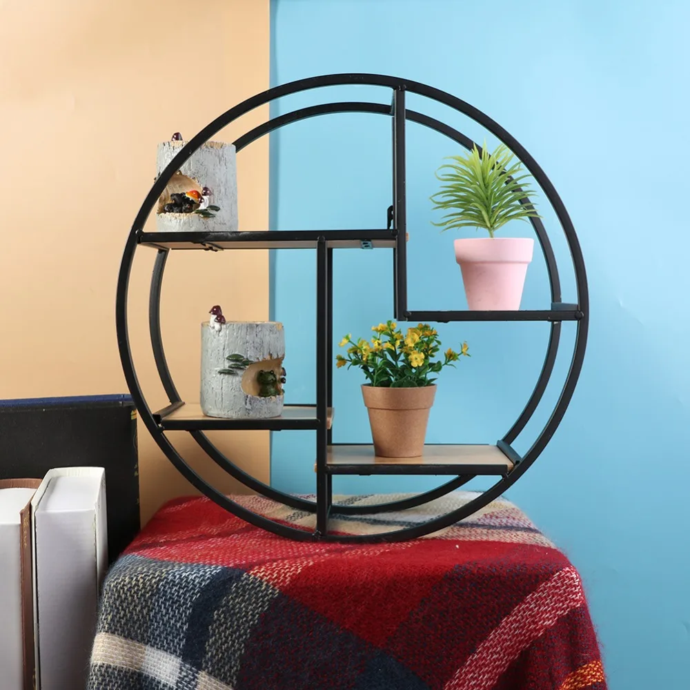 

Multi-grid Circular Wooden Iron Wall Shelf Round Flower Rack Stationery Holder Desk Organizer for Living Room Bedroom Kitchen