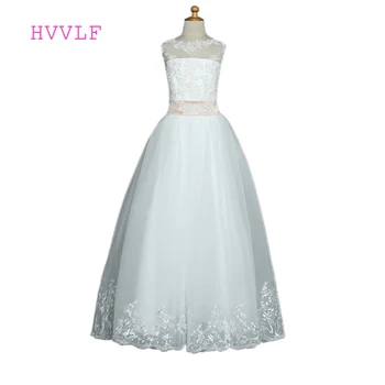 

White Flower Girl Dresses For Weddings Ball Gown Cap Sleeves Bow Tulle Lace First Communion Dresses For Little Girls
