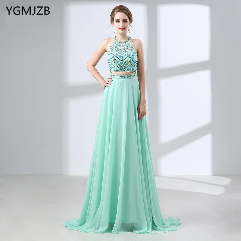 

Long Prom Dresses 2018 Scoop Neckline Sleeveless Beaded Crystal African Mint Green Backless Two Piece Evening Prom Dress