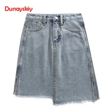 Dunayskiy женские летние повседневные модные синие однотонные джинсовые юбки с высокой талией Асимметричные все-совпадающие тонкие необработанный край мини-юбки