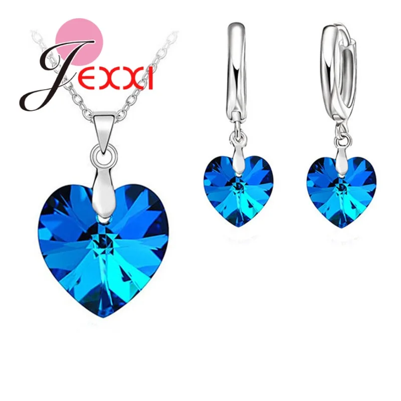 

One Set Austrian Crystal 925 Sterling Silver Jewelry Heart Pendant Necklaces Lever Back Earrings Woman Accessories Gift