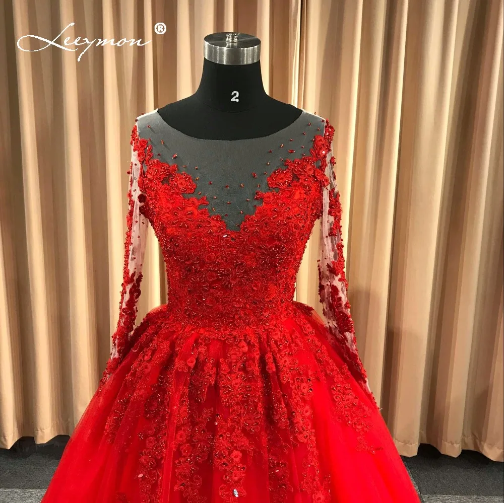 Red Wedding Gown with Long Sleeves and Lace Details - Sheer Backless Design - Customizable Size image 3