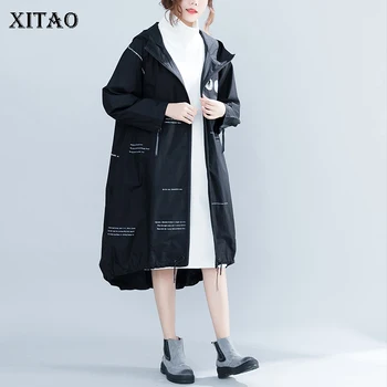 

[XITAO] New Women 2018 Autumn Korea Fashion A-line Hooded Collar Full Sleeve Coat Female Print Cardigans A-line Trench LJT4413