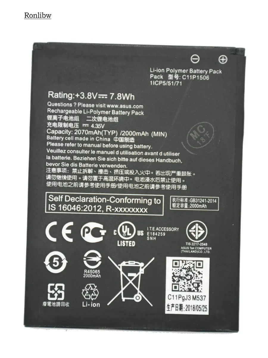 

Ronlibw 2070mAh 7.8Wh C11P1506 Replacement Battery For ASUS Live G500TG ZC500TG Z00VD ZenFone Go 5.5 inch Batteries