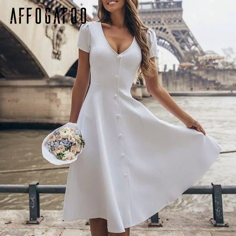Affogatoo أنيقة الصيف حزب الأبيض اللباس المرأة خمر أزرار الإناث فستان طويل عطلة الصلبة السيدات اللباس vestidos زائد الحجم