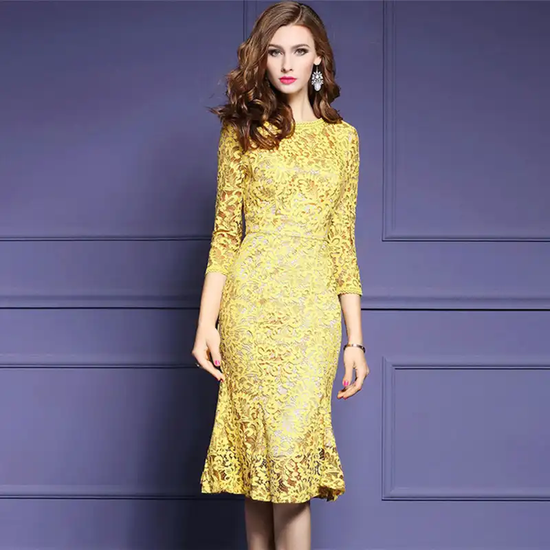 yellow lace dress midi