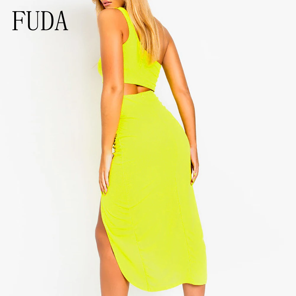 FUDA Sexy Two Piece Sets One-shoulder Top and High Split Dress Women Summer Sleeveless Hollow Out Open Back Female Dresses FUDA Sexy Two Piece Sets One-shoulder Top and High Split Dress Women Summer Sleeveless Hollow Out Open Back Female Dresses