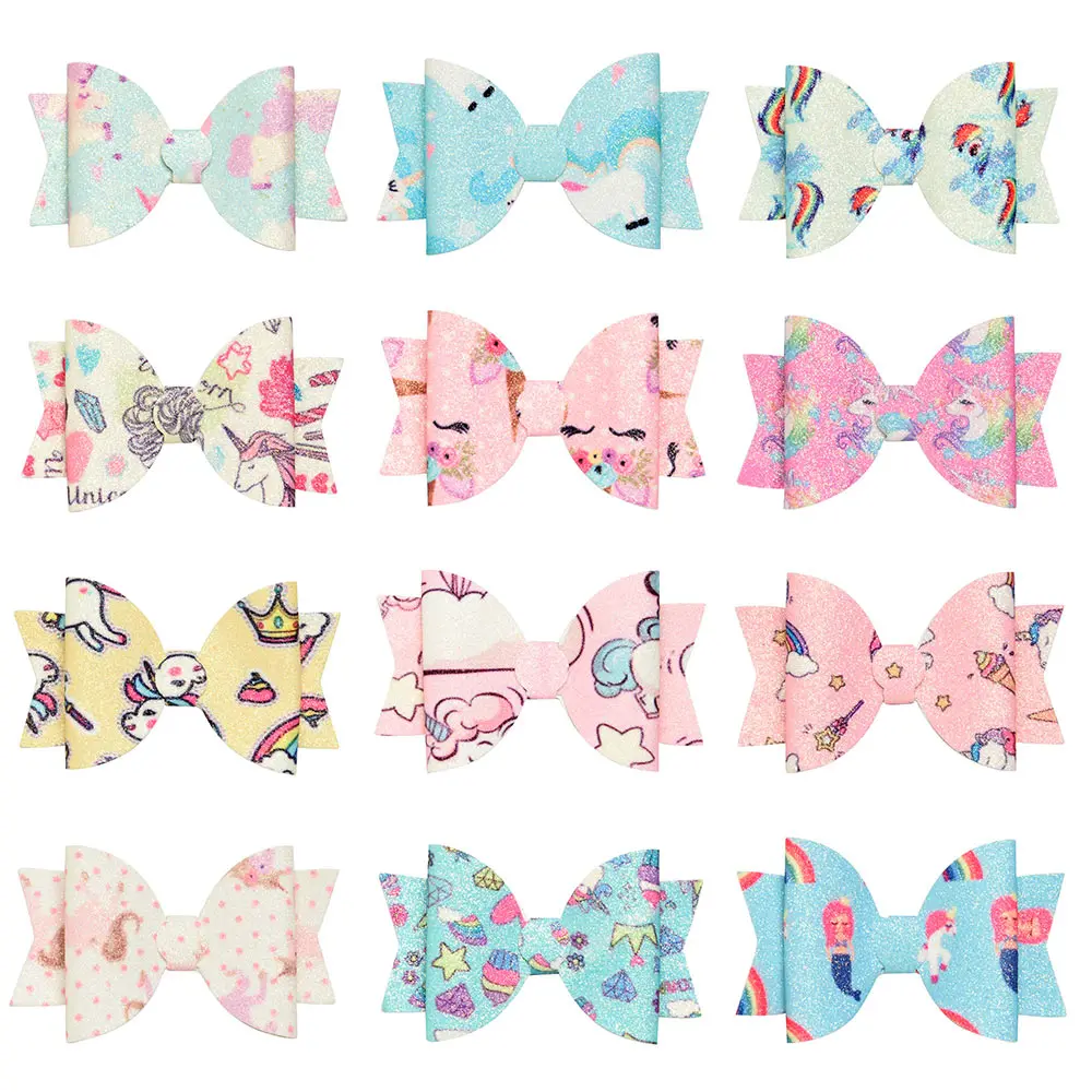 

1PCS 3.5 Inch Cute Unicorn Printed Hair Bows for Girls Double Layers Cartoon Leather Glitter Hair Clips Kids Hair Accessorie 952