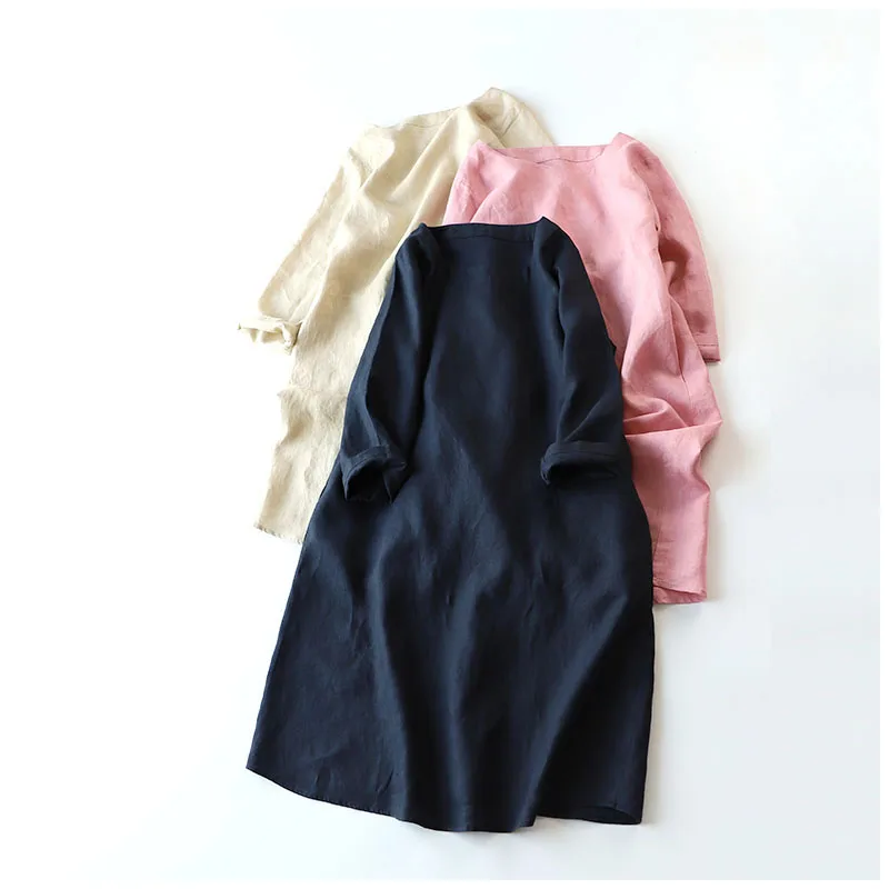 

Spring Summer Women Loose Plus Size Japanese Style Mori Girls Brief Comfortable 14*14 Water Washed Linen Dresses