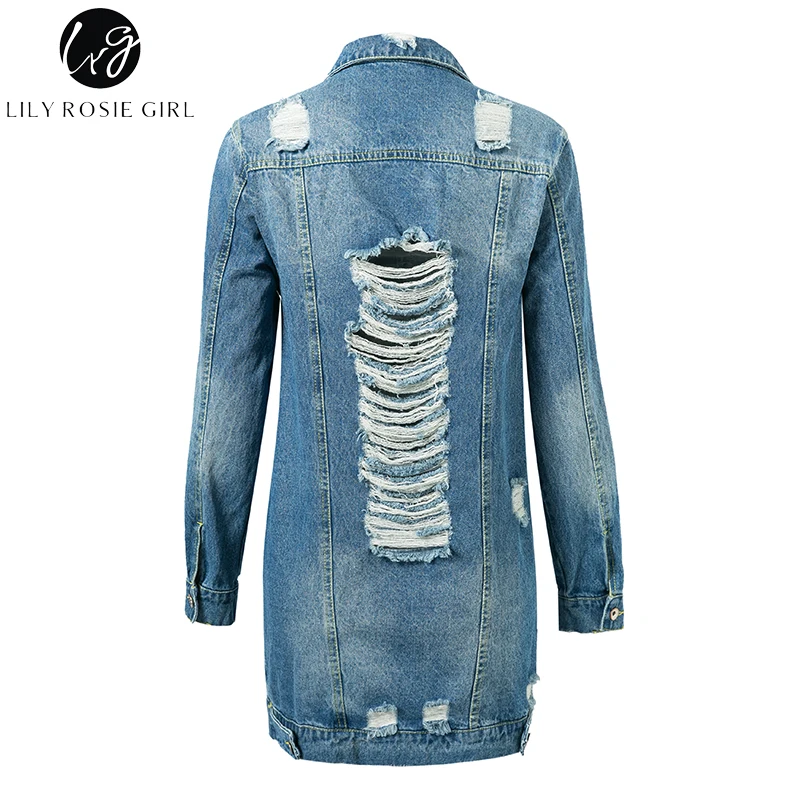 Lily Rosie Girl Blue Ripped Hollow Out Denim Jacket Casual Pocket Long Coat Autumn Winter 2017 Womens Basic Outwear Streetwear