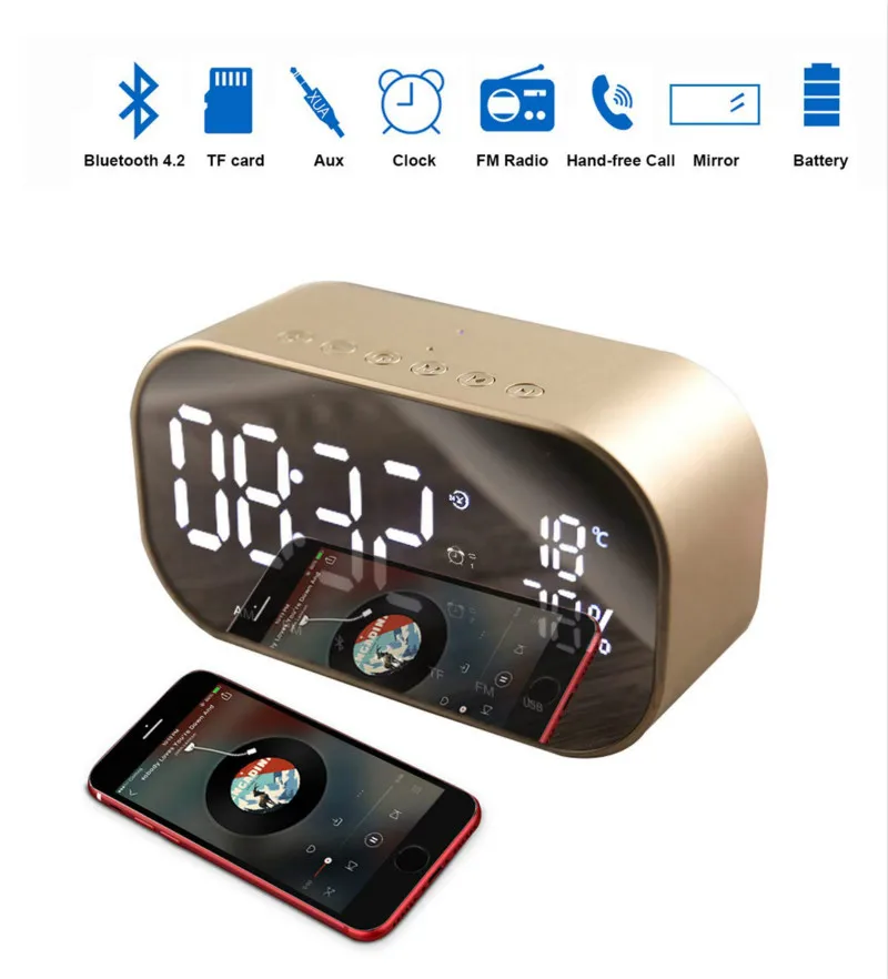 Reloj despertador LED con Radio FM Altavoz Bluetooth inalámbrico pantalla espejo soporte Aux TF rep