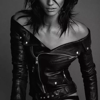 

Sexy Off Shoulder Turn-Down Collar Women Leather Jacket Zipper Basic Motorcycle Slim Jacket Black Short PU Outwear Coat W