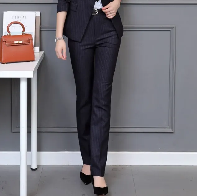 Офисные женские деловые формальные брюки для женщин с высокой талией Прямые брюки OL Карьера Работа низ размера плюс полосатый костюм брюки - Цвет: Черный
