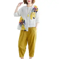 Повседневные комплекты одежды свободный модный принт несимметричная шифоновая рубашка белье в стиле гарема, с широкими штанинами