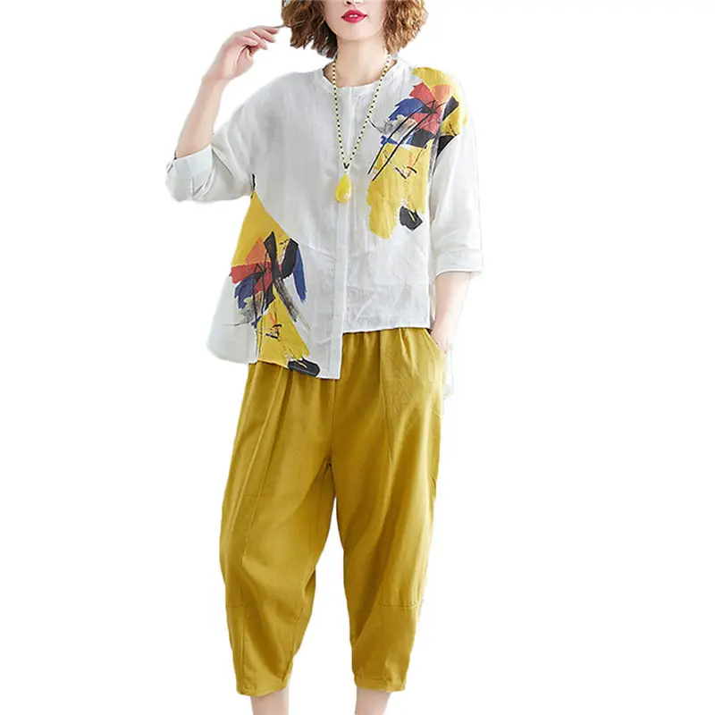 

Casual Sets Loose Fashion Print Irregular Chiffon Shirt Linen Harem Wide Leg Pants Set Women Summer Elastic Waist Tracksuit f679