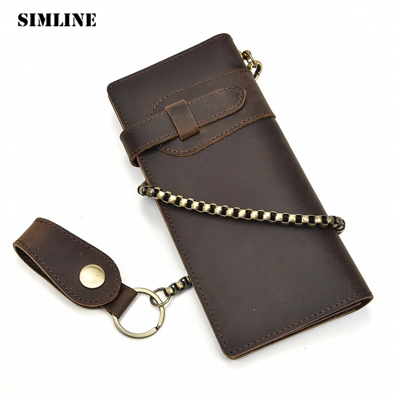 

SIMLINE Genuine Leather Men Wallet Men's Crazy Horse Cowhide Long Clutch Wallets With Zipper Coin Pocket Bag Card Holder Chain