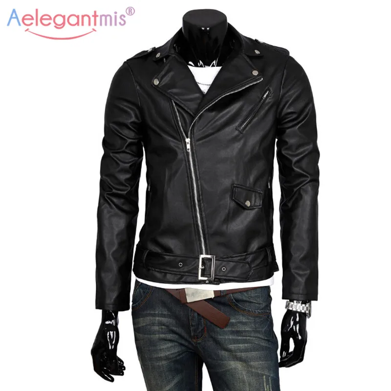 

Aelegantmis 2019 Brand New PU Leather Jacket Coat Men Zippers Biker Moto Jacket With Belt Male Autumn Winter Coats Plus Size