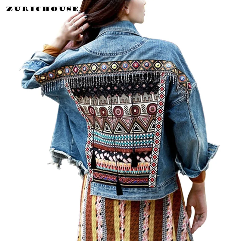 

ZURICHOUSE Denim Female Jacket Autumn Vintage Ethnic Appliques Embroidery Tassel Coat Long Sleeve Outerwear Jackets for women